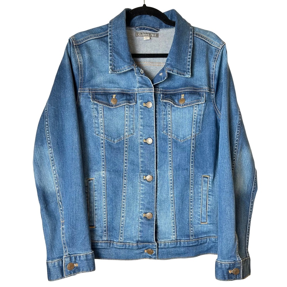 Garnet Hill Womens Medium Wash Denim Classic Trucker Jacket Stretch Blue 10 12